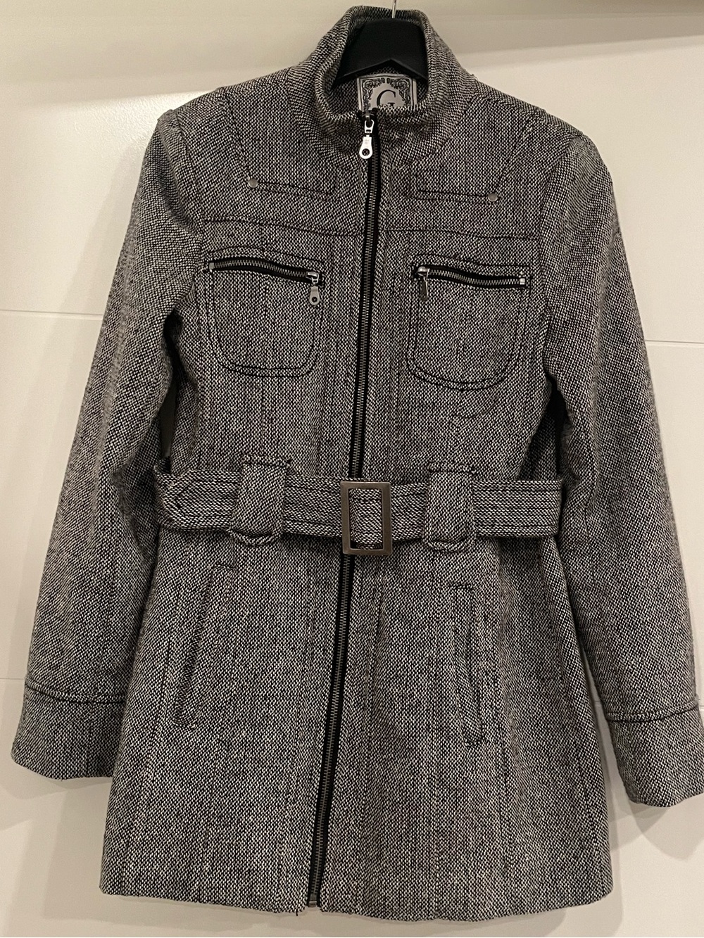 G by GUESS Gray Wool Blend Belted Zip Front Coat Jacket S